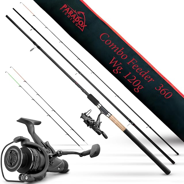 Canna feeder Paradox Fishing con mulinello Runner 4000 e vette colorate