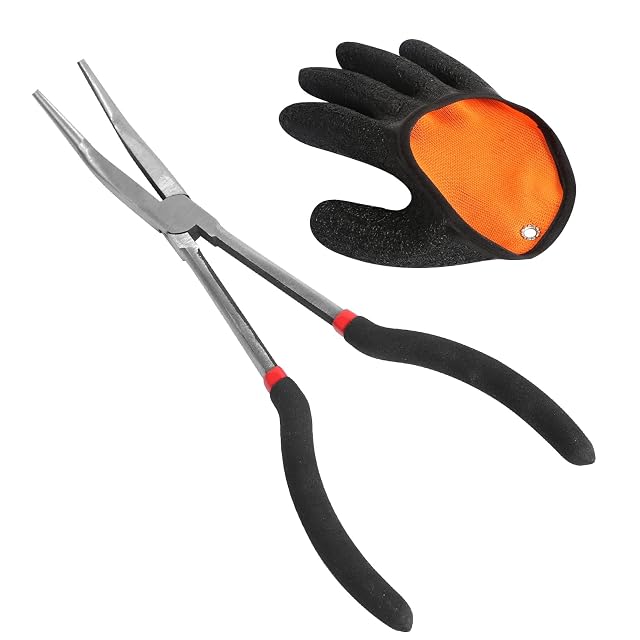 Pinza da pesca curva DELAESI da 28 cm con guanto per la mano destra