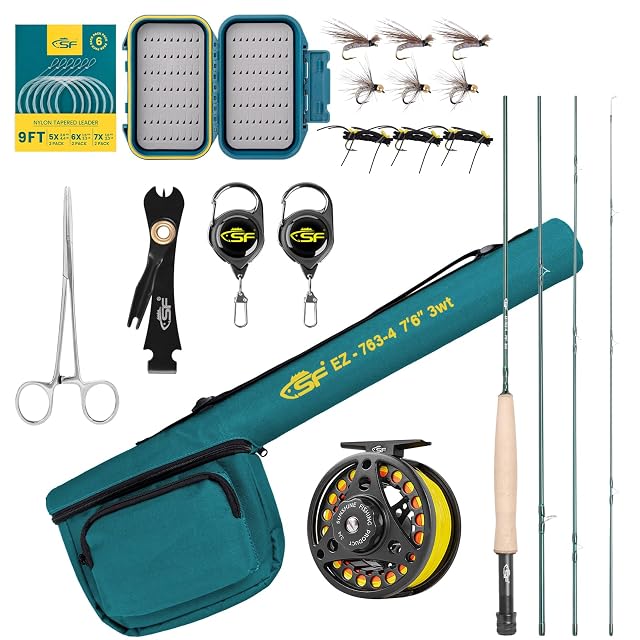 Set canna da mosca SF verde smeraldo in coda del 3 con mulinello, custodia e scatola per mosche