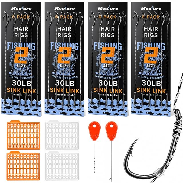 Set di trenta hair rig da carpa Realure con aghi da innesco e stopper