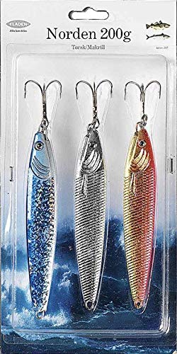 Fladen Norden confezione da tre pilker da 300 g in argento, oro-arancio e blu-argento