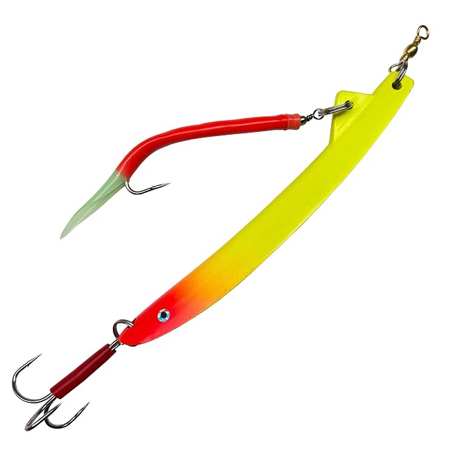 Pilker banana in zinco senza piombo Mega Fishing MF Bergmann con makk di gomma fluorescente