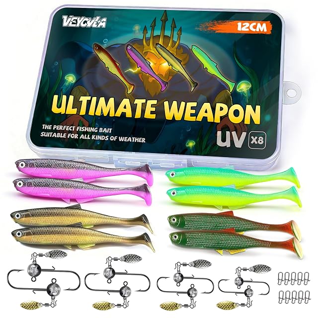 Set di shad morbidi VEYCVLA da 12 cm con testine piombate a paletta e scatola