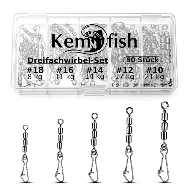 Set di 50 girelle triple Kemfish con moschettoni e scatola